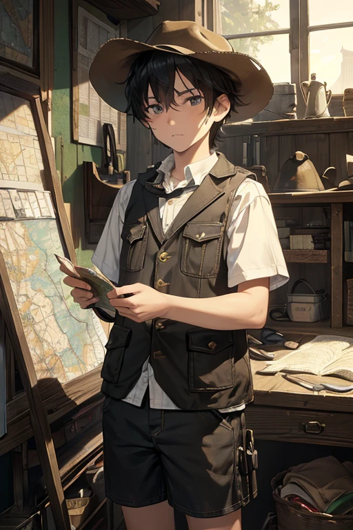 masterpiece, Highest quality, Very detailed, 16K, Ultra-high resolution, Cowboy Shot, 1 boy aged 13, Detailed face, Perfect Fingers, black eye, Black Hair, Shortcuts, A vest with lots of pockets, Shorts, Explorer knife, Safari Hat, azimuth magnetic needle, binoculars, map, A room with lots of clutter, Organization tools