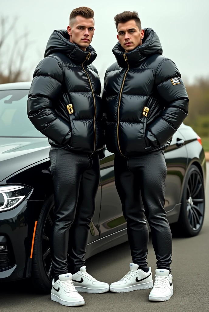 full view full body, two white guys with light-brown undercut clean shaved haircut, golden rings, wearing full length shiny skintight rubber grass with a black North Face puffer jacket blistered with air and white Nike Air Force one, waiting standing beside bmw car