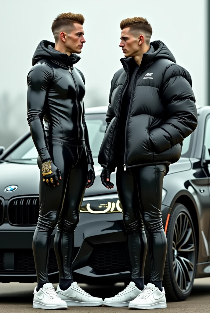 full view full body, two white guys with light-brown undercut clean shaved haircut, golden rings, wearing full length shiny skintight rubber grass with a black North Face puffer jacket blistered with air and white Nike Air Force one, waiting standing beside bmw car