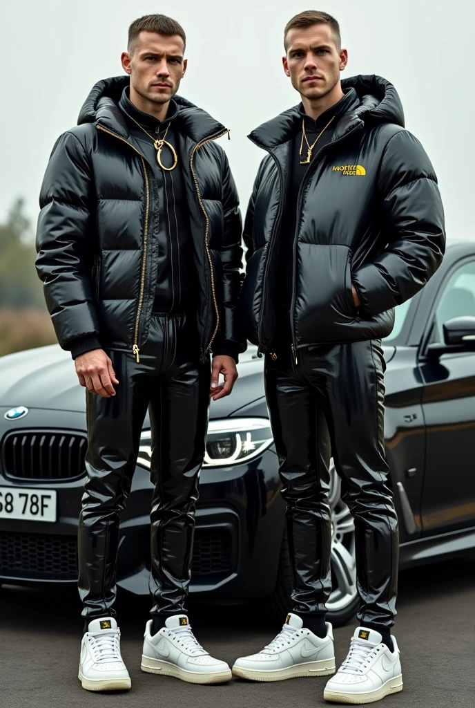 full view full body, two white guys with light-brown undercut clean shaved haircut, golden rings, wearing full length shiny skintight rubber grass with a black North Face puffer jacket blistered with air and white Nike Air Force one, waiting standing beside bmw car
