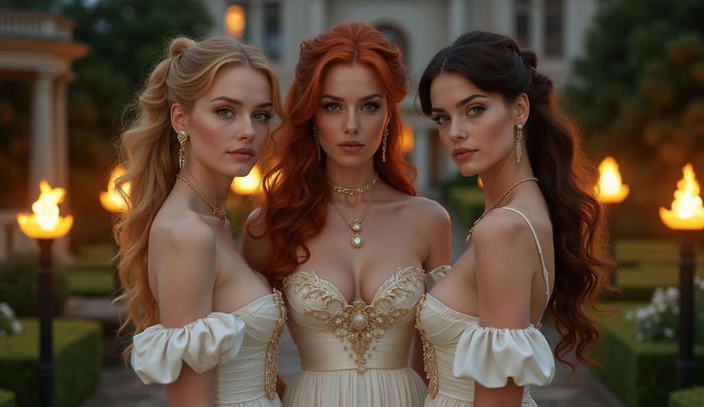 in Bridgerton, 3 woman, 41 years, in England 1803, one redhead ((ginger)), one blonde, one brunette, perfect green eyes, long hair with pony tails, sides, built-in and with crown, ((best quality)), ((master piece)), (detailed), perfect face, beautiful, curvy, body, large round breasts, white silk, and gloves, golden and white underware, pearls, jewelry, in front of a castle house, rustic house, night time, flambeau fire, perfect garden, flowers, Prom, one of the woman is topless,