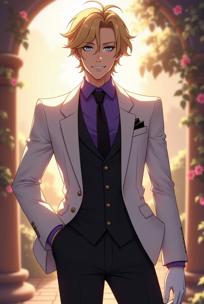 League of legends debonair Ezreal but he wear white suit, white gloves, purple shirt, black tie, warm scene (Genshin Impact), black pants, smirk, black vest, blue eyes, blonde hair
