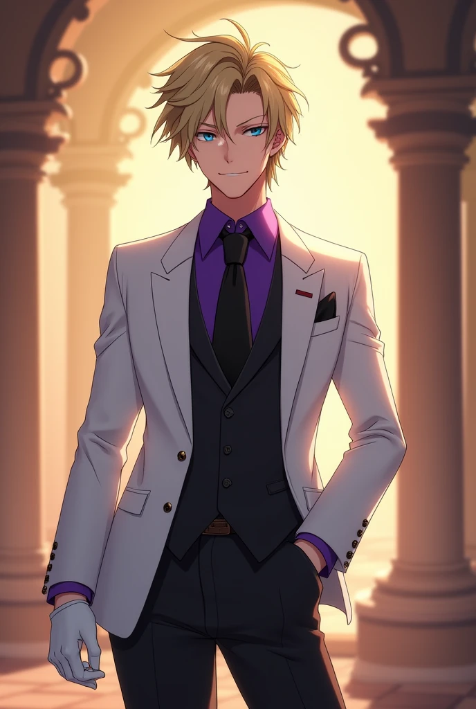 League of legends debonair Ezreal but he wear white suit, white gloves, purple shirt, black tie, warm scene (Genshin Impact), black pants, smirk, black vest, blue eyes, blonde hair