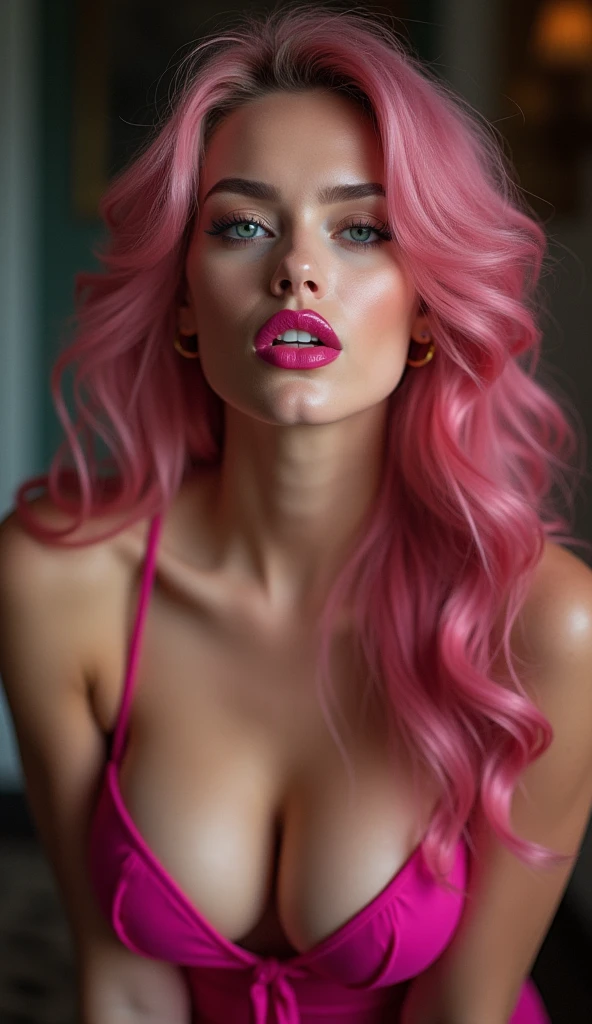 ultra realistic, photography, long pink hair, (wavy elegant hair, blue eyes, perfect round lips, 2, gorgeous face, voluptuous figure, perfect fit body, big enhanced breasts), femme fatale, Long eye lashes, seductive eyes, Award Winning Glamour Photograph extremely detailed award winning glamour photograph, front lit, HDR, detailed woman face looking at the camera, photorealistic, sharpened eyes, (((eyes to the camera))), glossy pink lipstick, leaning forward and blowing a kiss, close eyes, press lips together, she is excited and wants to be penetrated, she is moaning