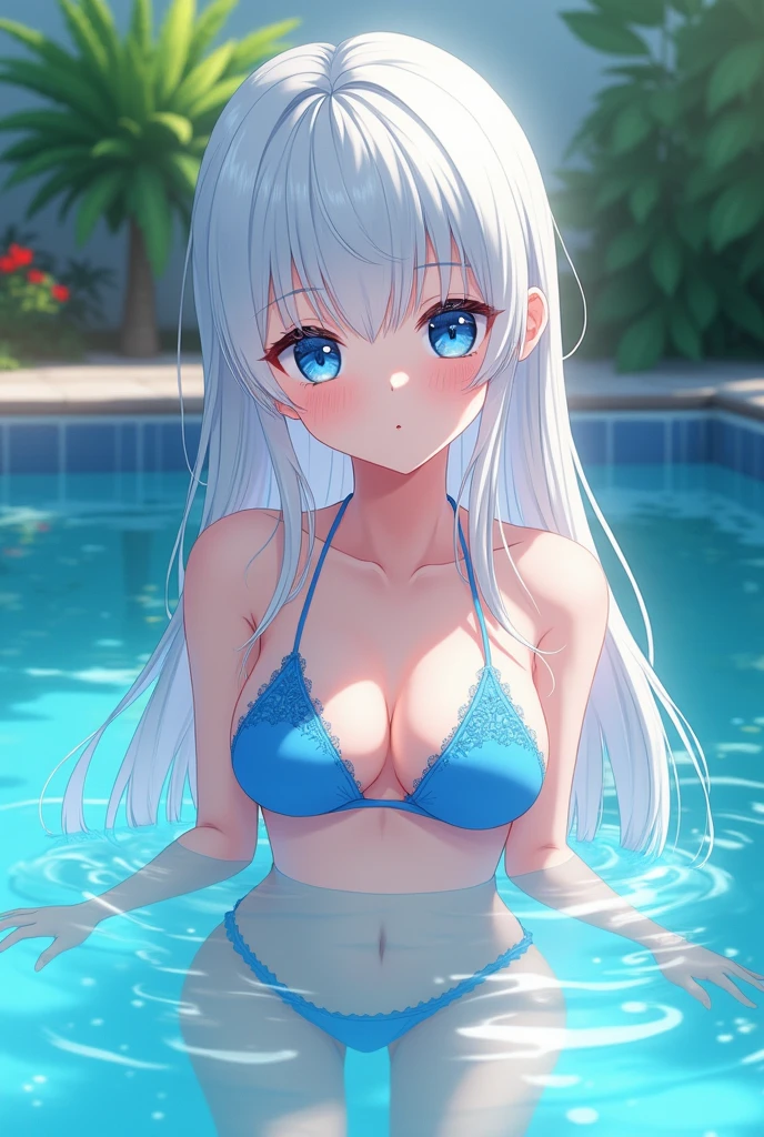 Girl with white hair, dark blue eyes, in a blue bikini in the pool, anime 8k