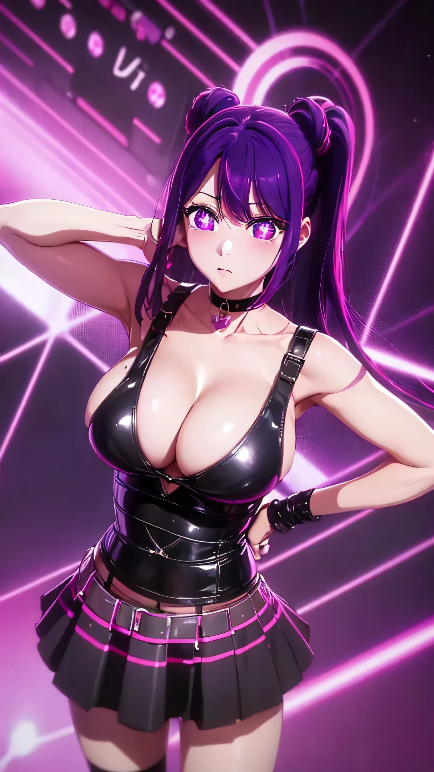 sexy anime girl, ai hoshino, cute face, big bust, purplepink hair, spacebun hair, purple eyes, (purple eyes:1.1), (symbol-shaped pupils:1.5),  black latex bra, showing cleavage, black latex skirt, fishnet tights, black choker, holding whip, perspective from below, pov below, ambient, 