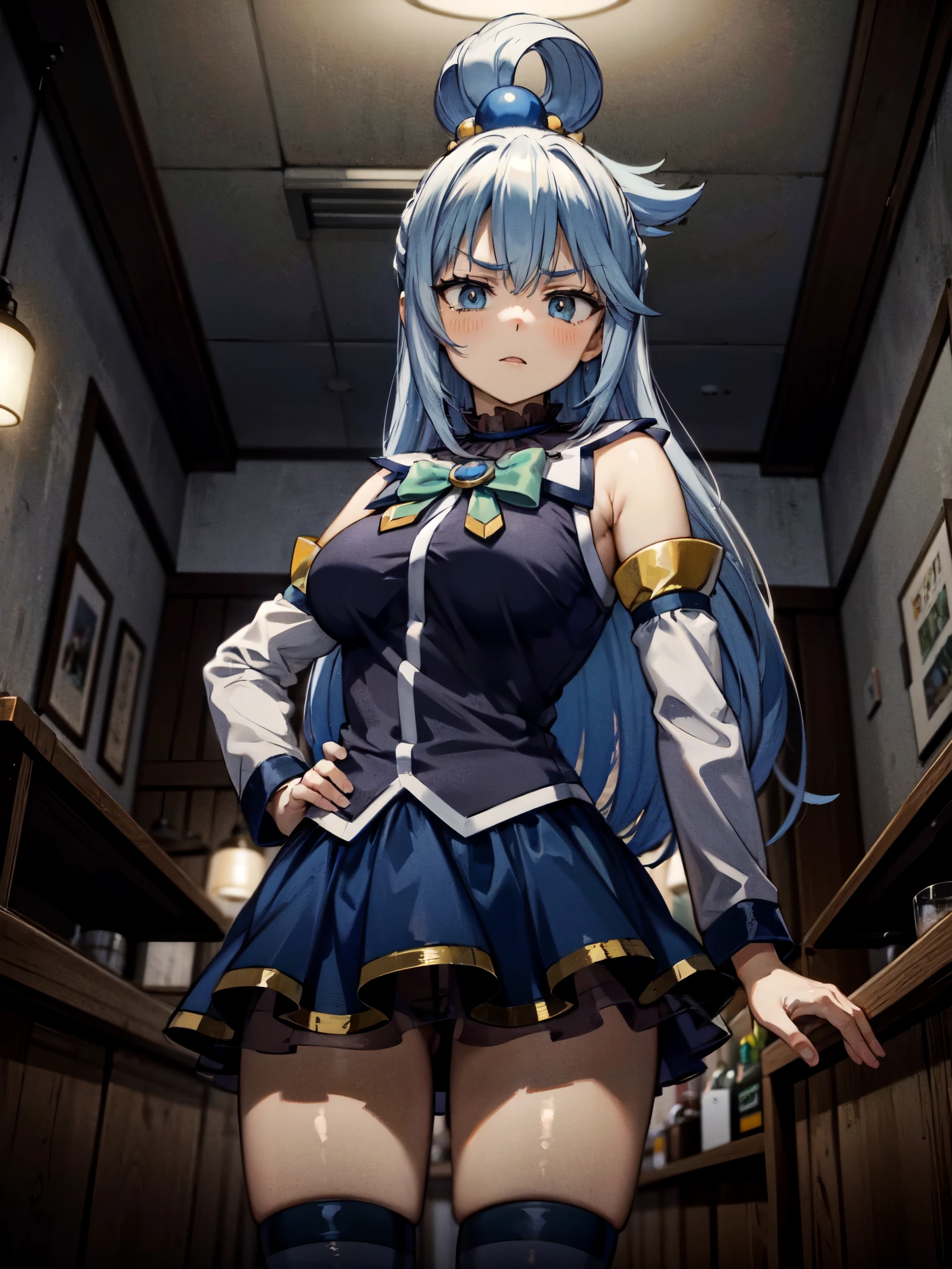 masterpiece, best quality, highres, absurdres, ultra detailed, pretty eyes, aaaqua, long hair, blue hair, hair rings, hair ornament,choker, bare shoulders, green bow, blue shirt, detached sleeves, blue skirt, thighhighs, annoyed, disappointed standing, hand on waist, bar, indoor (from_below:1.2)