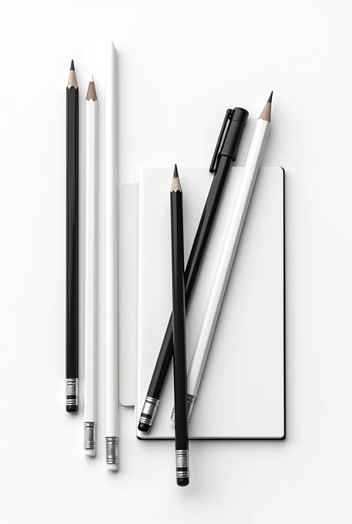 pencil image, notebooks, black and white pens to use as a background on a website page, in conceptual art IN DRAWING 
