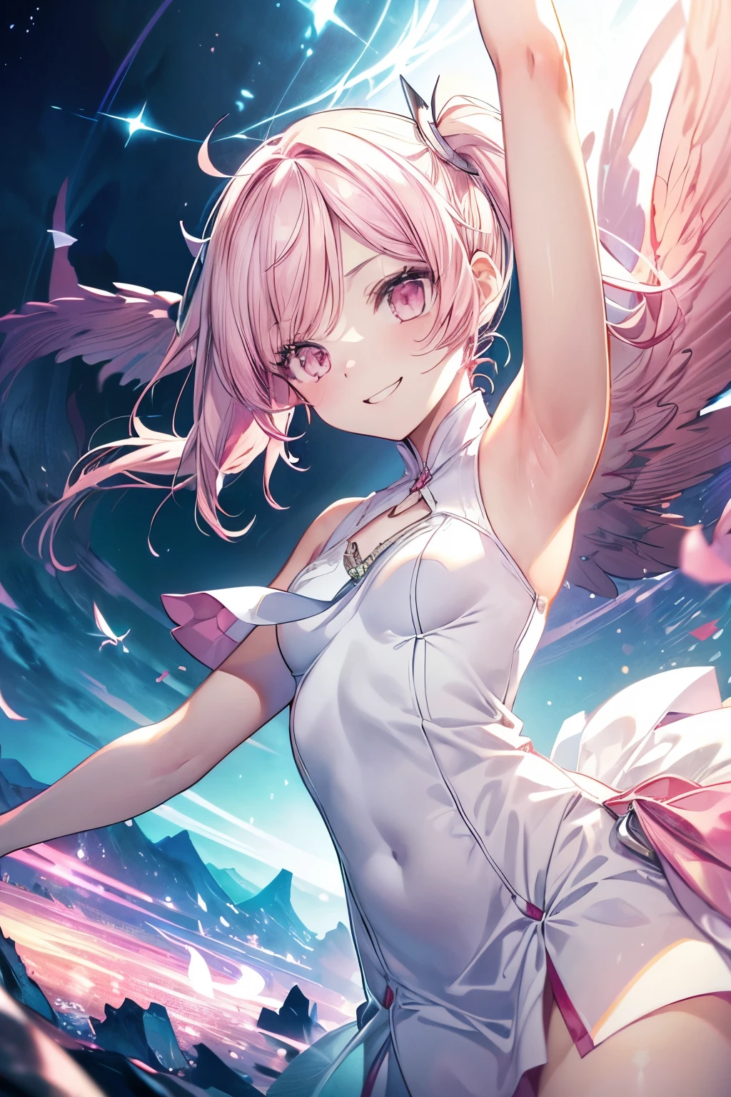 ((masterpiece: 1.2)),very detailed, ultra high resolution, high quality, HD, 1 woman,Very delicate and beautiful, (illustration), ((맑은 pink 눈)), white hair band, ((pink_hair)), ((twin tail)),WHO, ((White dress)), white shoes, ((chest))and ((armpit))is clearly visible, slim, swirling flames, clear face, Romantic Academia, movie lights, volume lighting, dynamic lighting,soft edges, soft lines,dynamic angle, dramatic lighting, warm lighting, soft lighting, fancy, ((smile)), Digital World Background, Digimon, Upper body only, ((There are red birds flying around next to me.))