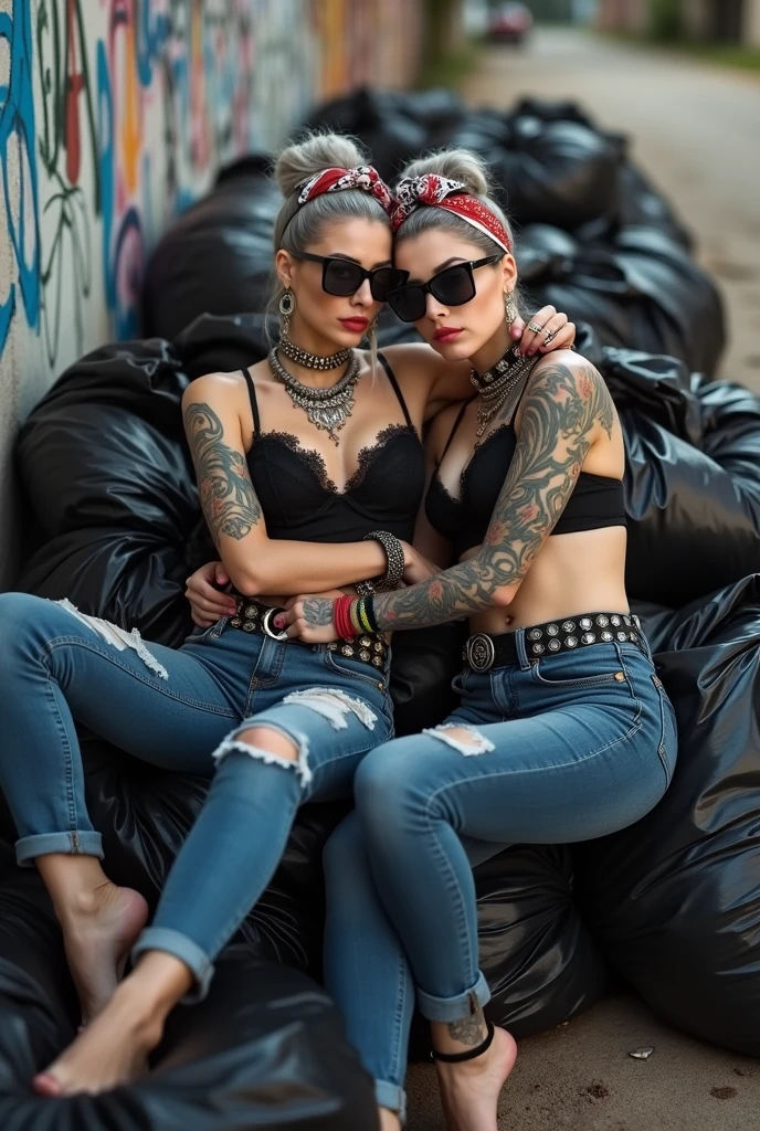 Two russian milf women: the dominant woman with power stance (arm around her partner"s shoulders and grabbing her forearm) protecting the submissive and needy one, who leans her head on the other's chest. different clothes but same rock chic style. grey hair (bouffant, top bun) and oversized square sunglasses and wide  colourful bandana as headband. Big lips.  Black lace push up bra, silicone breast,, tight skinny   low rise dark blue jeans, worn with holes on knees (white cotton still visible). Barefoot with necklaces in ankles. Lots of thick wide studded bracelets, chain necklaces and big rings,. Two loose studded belts. Long earrings with chains and feathers. Sitting on a pile of huge black plastic bags. Lazy, leaning back, laid back pose, separated legs. Neck, chest, stomach, feet, hands, arms and wrists heavily tattoed.  Toned abdominals, thin neck, slim legs and thin arms. Narrow hips. Full body. At a dead end street with graffitied walls, ground littered with waste . Nuns get close. Some nuns in the background get close. Full body, seen from above