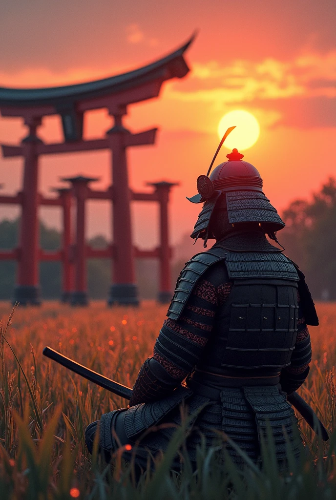 Imagine a samurai in traditional armor, with intricate details and a firm stance, sitting in the tall grass that sways gently in the wind. The sun is setting on the horizon, tinting the sky with warm hues of orange and red, that reflect on the samurai's armor. Ao fundo, there is a tori gate, with its red columns and dashes, rising against the backdrop of twilight. The environment conveys a sense of tranquility and reflection, highlighting the figure of the samurai in a moment of serenity and connection with nature.