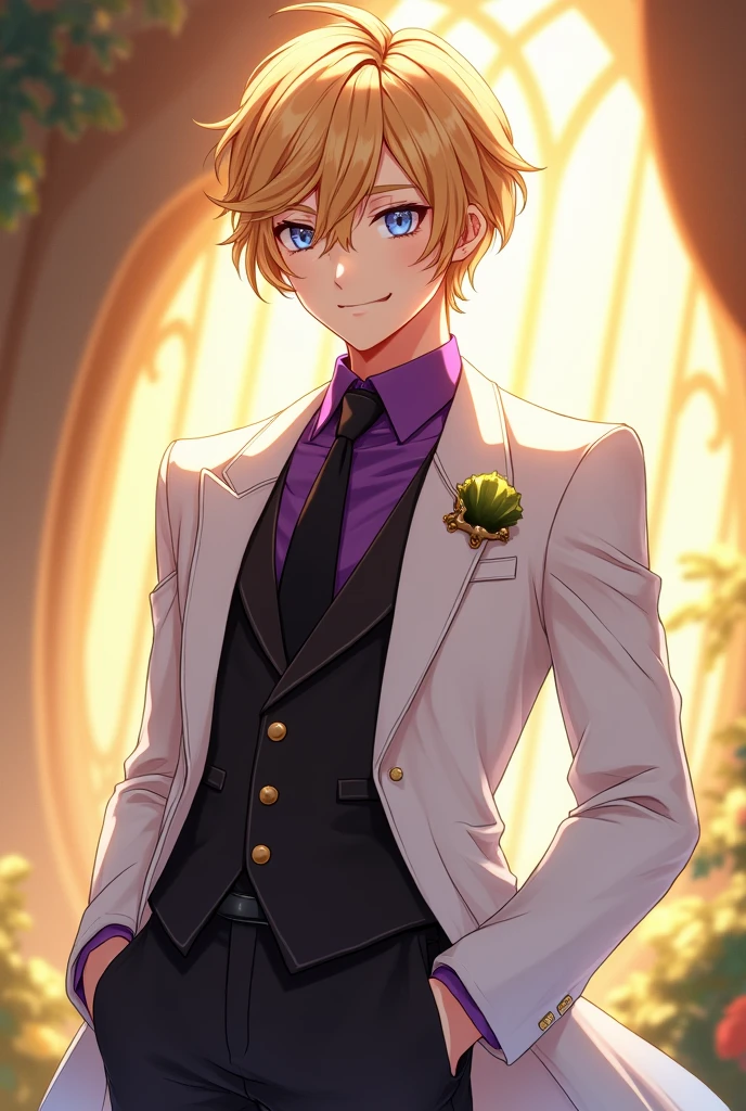Anime art style illustration, captivating portrayal of League of Legends' debonair Ezreal, elegantly dressed in a gleaming white suit fitted impeccably to highlight his refined stature, complemented by pristine white gloves enhancing the luxurious look, a rich purple shirt peeking through with a classic black tie adding a touch of sophistication, snug black pants and a tailored black vest emphasizing his suave appearance, face adorned with a playful smirk radiating confidence, expressive blue eyes sparkling with mischief and charm, luxurious blonde hair styled elegantly flowing, evoking a sense of allure in the composition, warmth and vibrancy of the scene imbued with soft golden tones reminiscent of Genshin Impact’s enchanting visuals, inviting ambiance drawing viewers in, masterfully arranged elements create a dynamic interaction between character and setting, while the anime style accentuates whimsical detailing in expressions and fabric textures, intricate highlights adding depth and dimension to the illustration, ensuring each feature resonates with anime aficionados, harmonizing delightful whimsy with contemporary character design aesthetics.
