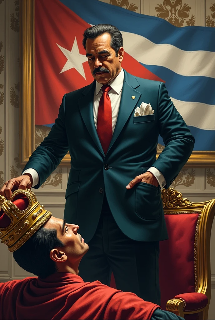 Fulgencio Batista with pockets full of money stealing the crown from the head of a king in a room with the Cuban flag.