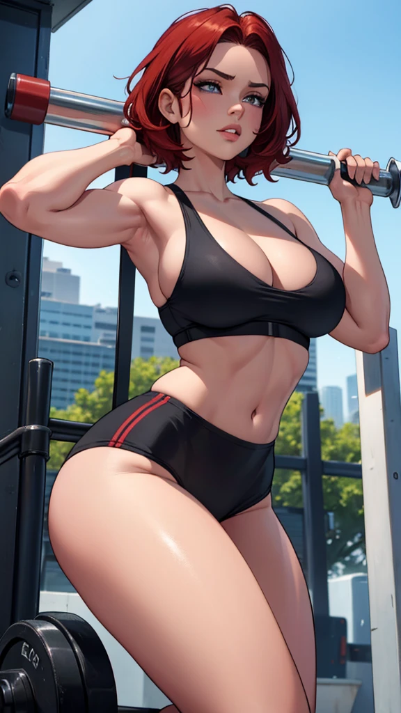beautiful redhead woman with short hair, curves, dressed in sexy gym clothes, (best quality, 4k, 8k, high resolution, masterpiece: 1.2), ultra detailed, (realistic, photorealistic, photorealistic: 1.37), highly detailed face, beautiful eyes, full lips, sharp focus, vivid colors, voluptuous body, fitness, sports bra, tight leggings, dynamic pose, gym atmosphere, natural lighting, cinematic, elegant