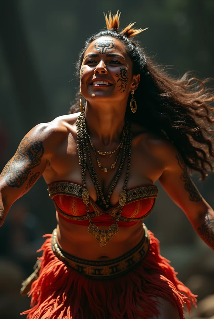 a Maori woman performing a haka,strong and powerful expression,detailed indigenous facial tattoo,traditional costume,flowing movement,intense expression,dramatic lighting,photorealistic,masterpiece,ultra-detailed,vibrant colors,cinematic composition,emotional intensity,cultural authenticity
