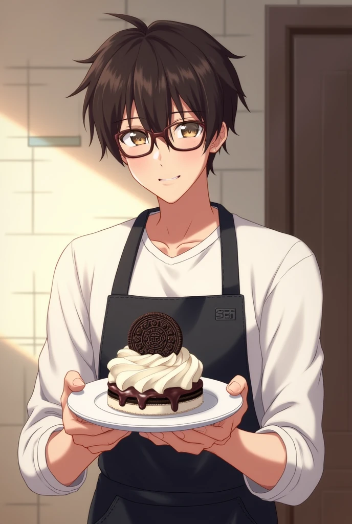 Person holding a plate with oreo cream on top in an anime container wearing a white long-sleeved shirt with glasses on and a black apron man