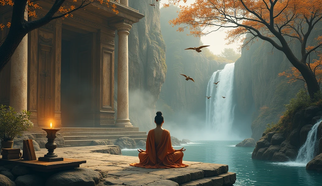 generate a person meditating in an ancient temple next to a table with books and an old candle with a cat and in front there is a waterfall and brown birds flying with dry trees on one side and mature trees on the other
