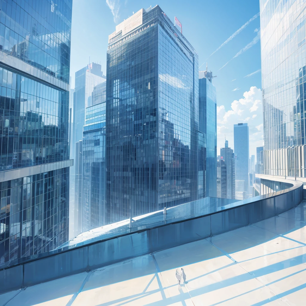 landscape, no human, looking down glass walled skyscrapers, bluesky, sunshine. morning