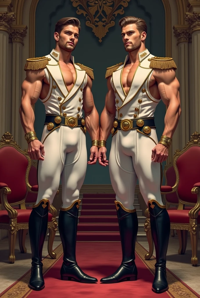 full view full body, two muscular guys, in royal skinny uniform, white skinny tights, high skinny black boots, standing in the throne room