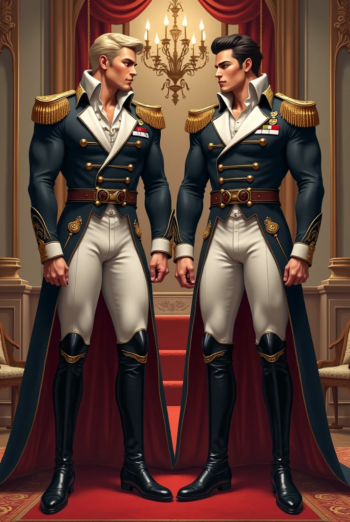 full view full body, two muscular guys, in royal skinny uniform, white skinny tights, high skinny black boots, standing in the throne room