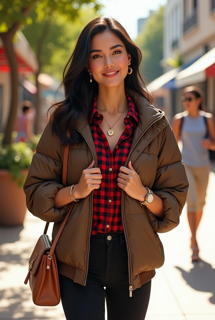 Full body beautil pale white skin latin woman, 5'7" tall, medium lush black hair, deep green eyes, wearing zip up brown quilted down nylon jacket with golden buttons, closed zipped up adidas black track jacket under nylon jacket, black bell bottom pants, rolled up sleeves, zipping up jacket, up collar, cleavage, red and black plaid formal button down blouse under track jacket, happy smile, walking on shopping center, high hill sandals, summer sunny day, bag, watch and bracelet, neck chain, ear rings