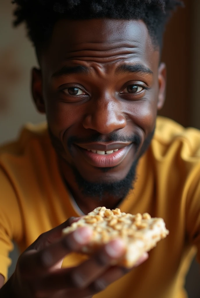 a tired but happy young black man, beautiful detailed face, detailed eyes,detailed lips, detailed skin pores, detailed facial features, receiving a cereal bar from his mother, highly realistic portrait, warm natural lighting, soft focus, cinematic, beautiful colors, vibrant, high quality