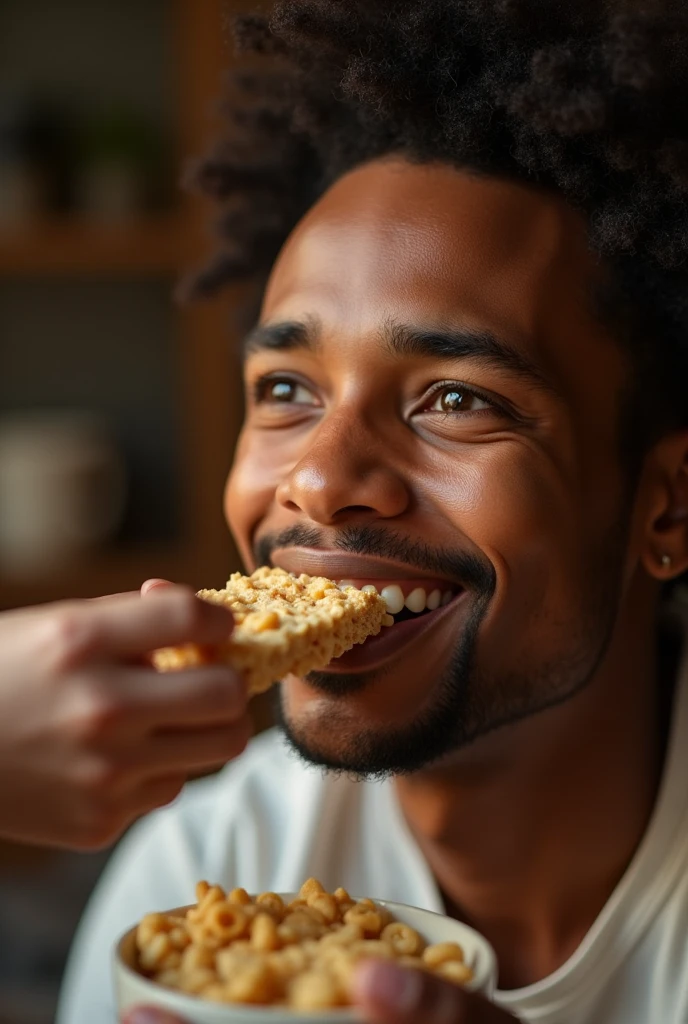 a tired but happy young black man, beautiful detailed face, detailed eyes,detailed lips, detailed skin pores, detailed facial features, receiving a cereal bar from his mother, highly realistic portrait, warm natural lighting, soft focus, cinematic, beautiful colors, vibrant, high quality