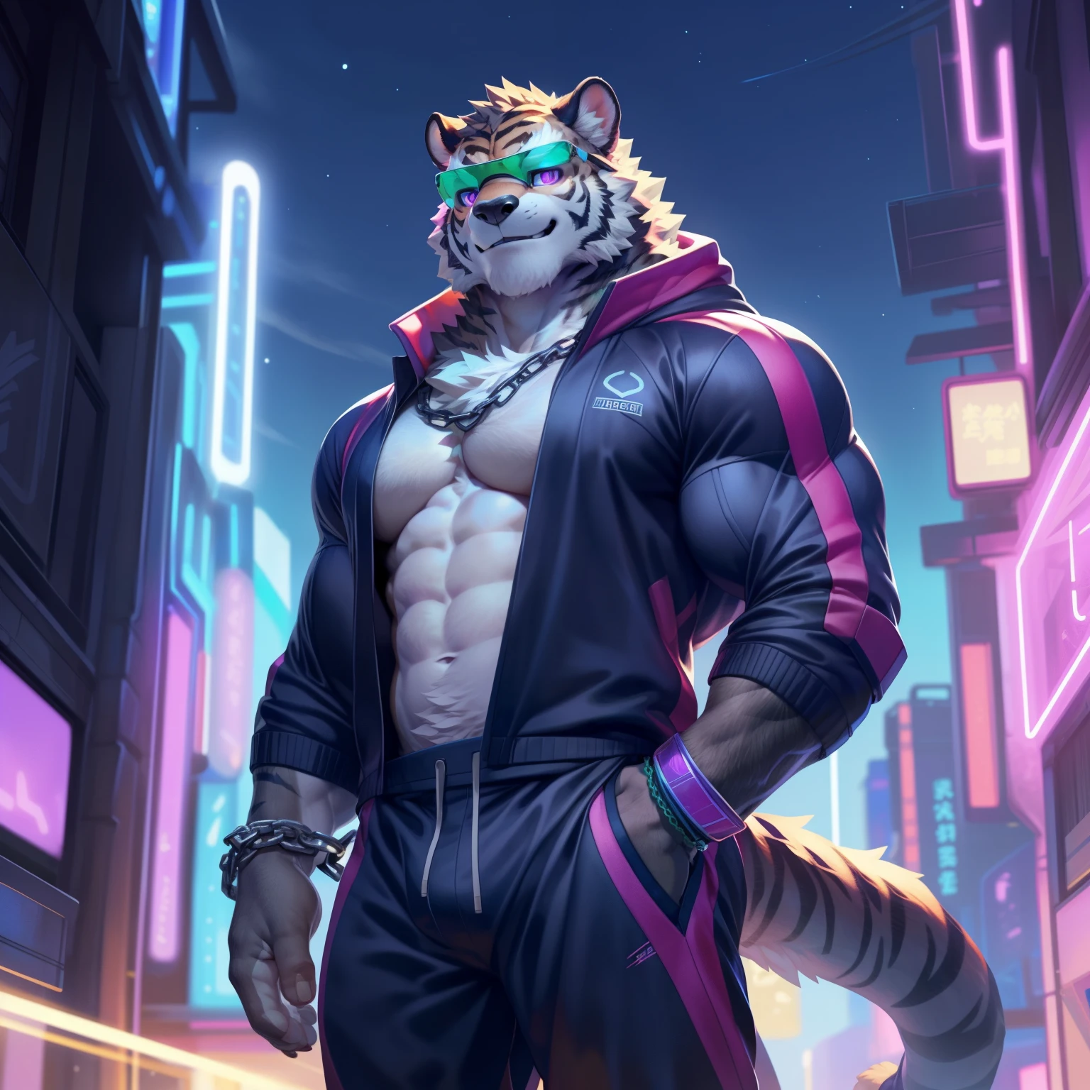 solo, anthro, furry male, muscular male, Tiger,((fluffy fur,fluffy, furry body)), (dark grey fur, dark grey body, dark grey body), muscles, green pupils, purple eyes, glowing eyes, tail, detailed fluffy fur, detailed face, detailed eyes, chest, (Tracksuit, black clothes, sneakers, glowing sneakers, bracelets, neon sunglasses, baggy pants), sci-fi, neon, (by null-ghost,by raccoon21, masterpiece, high quality, hi-res, 8k, hd), close-view portrait, looking at viewer, night, happy expression, pose, arm's down, chain, macro in miniscule city