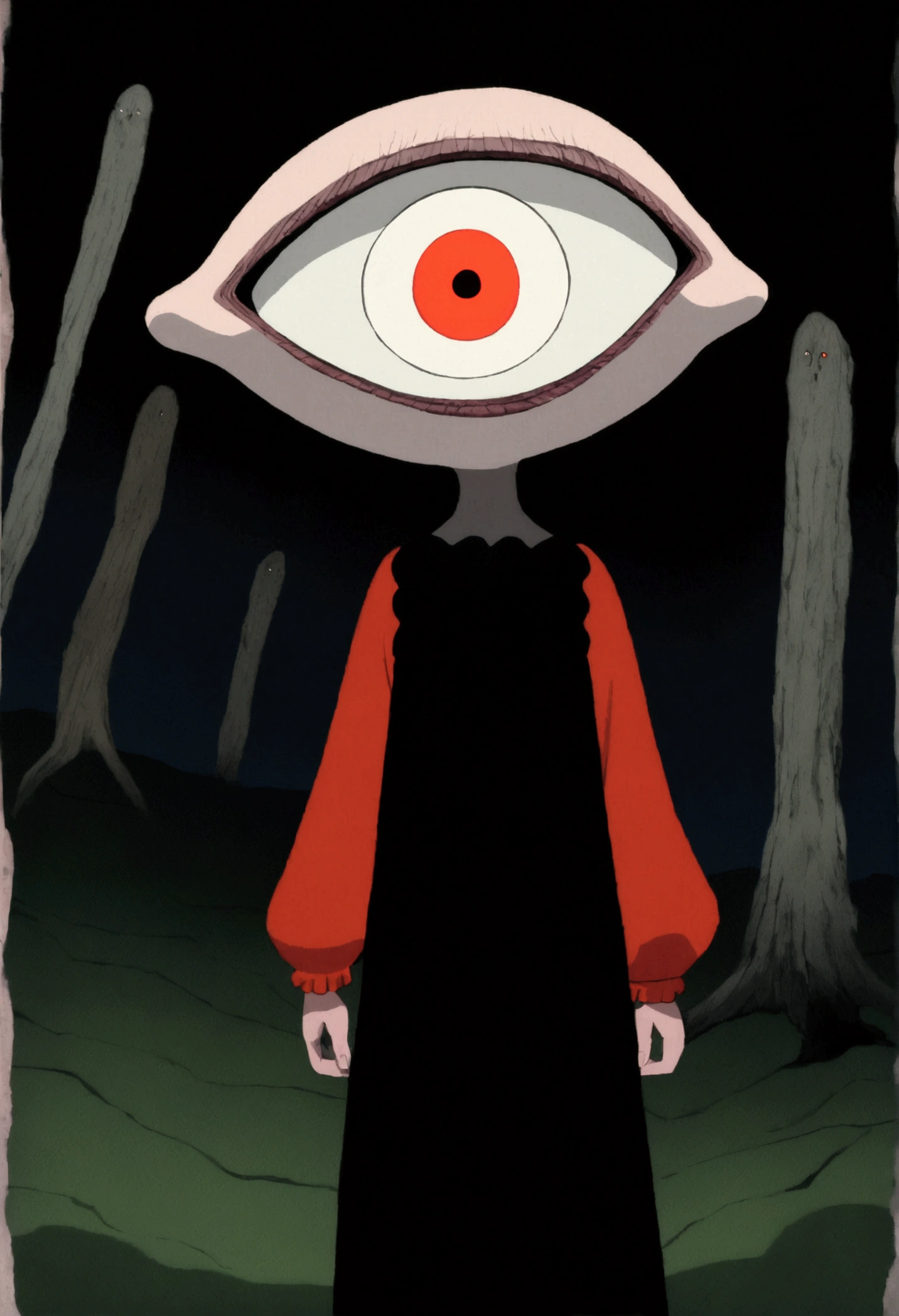 painting of a person standing in front of a red eye, yume nikki, animated film still, still from animated horror movie, inspired by Junji Ito, animation film still, one eye red, red-eyes, visible pupils, inspired by Gertrude Abercrombie, junji ito artwork, eerie and grim art style, red eyes wide open, animation still