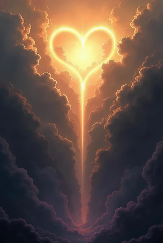 Heaven and the underworld are merging into an epic scene. At the top of the image, The sky is depicted in warm shades of gold and orange., while the underworld below is shown in dark and cool tones, like deep blacks and purples. The transition between both worlds is smooth but marked., with clouds of light and shadows intertwined in the middle.
A heart of glass in the middle of everything