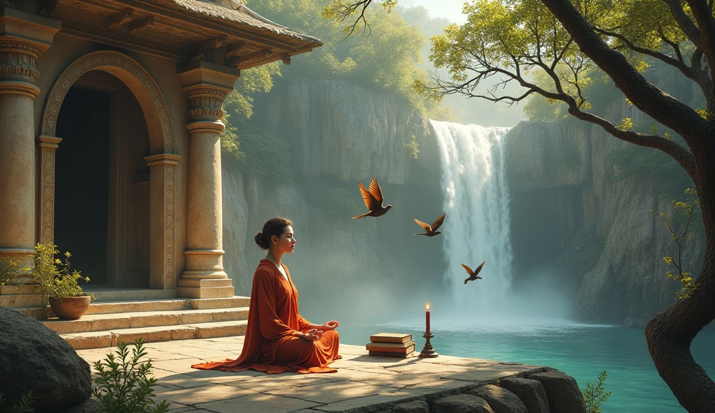 generate a person meditating in an ancient temple next to a table with books and an old candle with a cat and in front there is a waterfall and brown birds flying with dry trees on one side and mature trees on the other