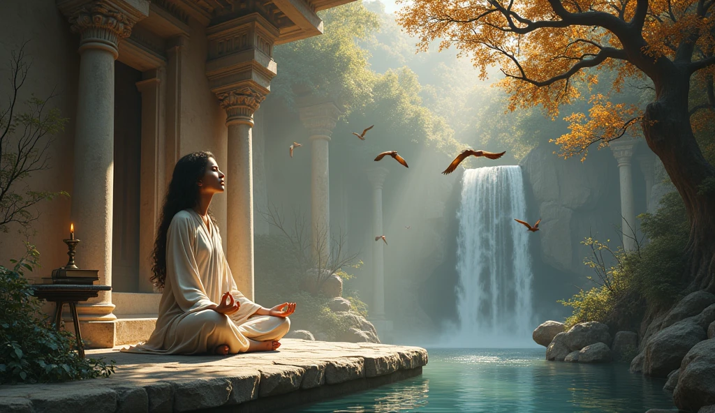 generate a person meditating in an ancient temple next to a table with books and an old candle with a cat and in front there is a waterfall and brown birds flying with dry trees on one side and mature trees on the other