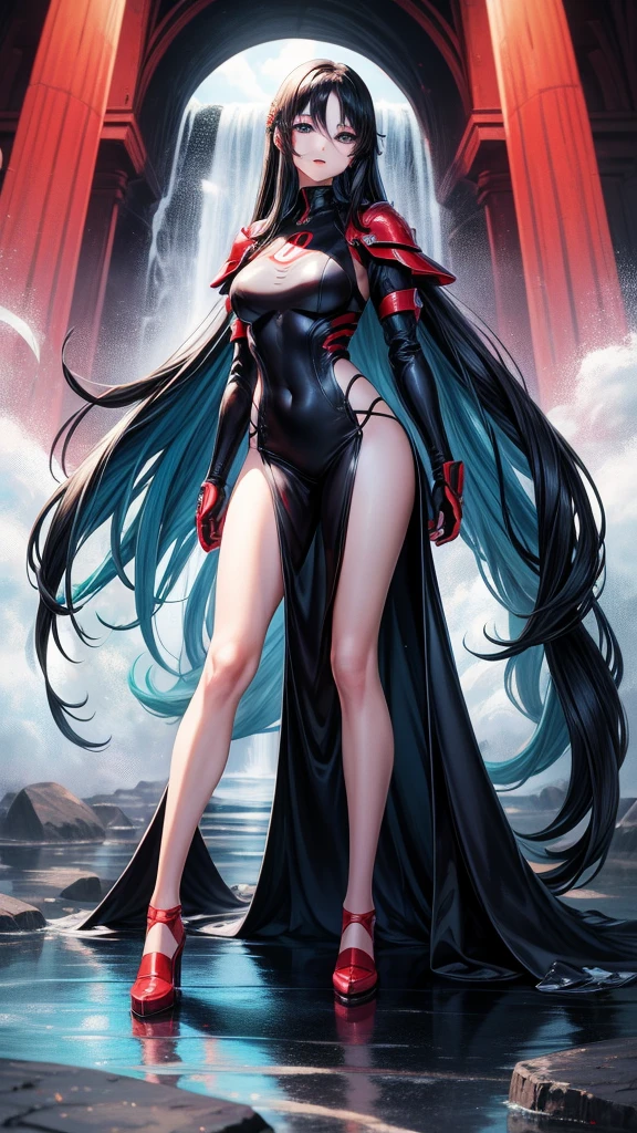 アニメ , 1 girl, {face perfect}, {long black hair}, {blue colored eyes}, {asymmetrical eyes}, {perfect nose}, {red lips}, {full body 5.0}, {red full body armor 5.0}, {in a waterfall}
{8k image}, {128k ultra resolution}, {ultra quality 128k}, {128k high quality sharpness}