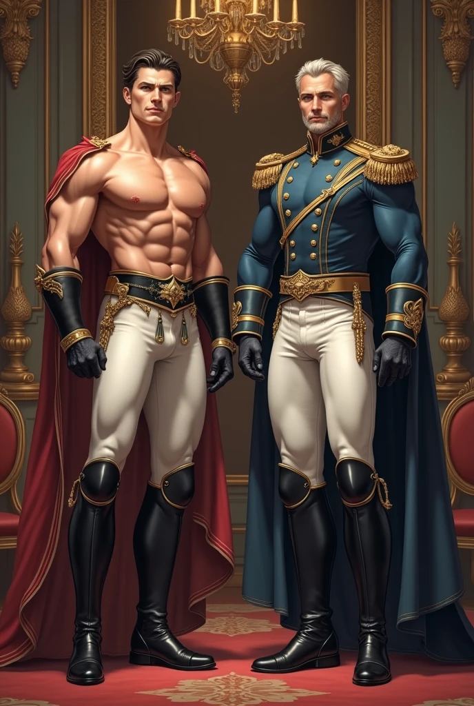 full view full body, two muscular guys, in royal skinny uniform, white skinny tights, high skinny black boots, standing in the throne room