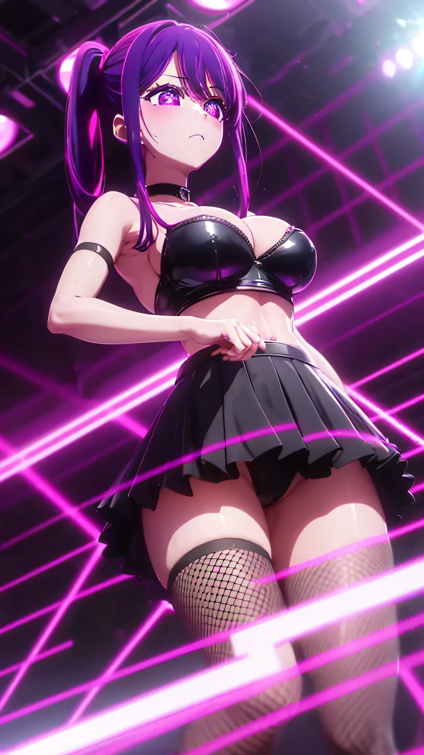 sexy anime girl, ai hoshino, cute face, big bust, purplepink hair, spacebun hair, purple eyes, (purple eyes:1.1), (symbol-shaped pupils:1.5), black latex bra, showing cleavage, black latex skirt, fishnet tights, black choker, holding whip, perspective from below, pov below, ambient,