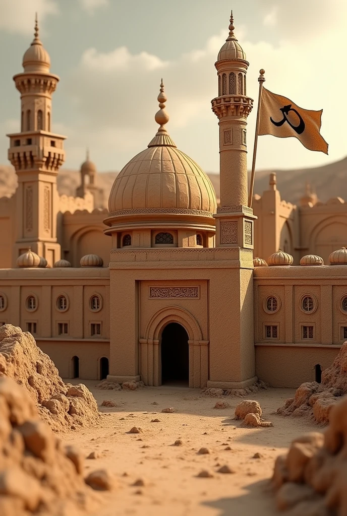 Ancient mosques aqsa heritage with islamic flag near wall of Umer mosque in mud animation