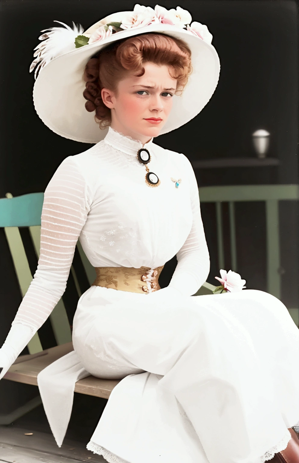 NSFW. A sexy 15yo ginger Gibson Girl (((sodomized by a horny 69yo gentleman sitting in front of her))). Year 1900. 1900_dr3ss. White high-collar long sleeve shirtwaist, large hat lavishly topped with flowers and feathers, silk gloves, pinky finger raised, floor-length high-waisted skirt, petticoats, silk stockings, boots. Thotty demeanor. Hourglass figure. Large chest, 9in wasp waist, bubble butt. Gibson Girl updo, gorgeous face, red lips. Edwardian setting.