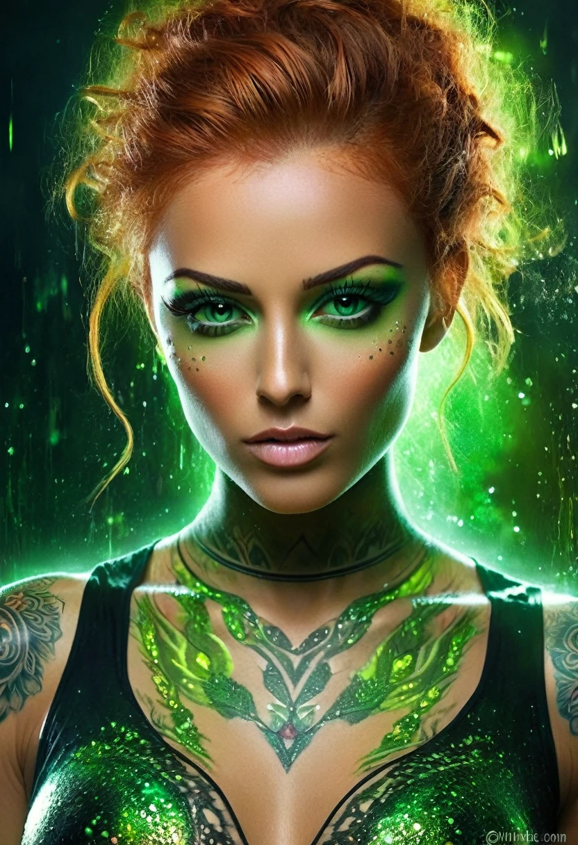 The perfect and clear face of a beautiful woman, short and frizzy red hair, detailed and crystalline green eyes, detailed eyebrows and lashes, full mouth with gloss, slightly tanned and shiny skin,(((tattoos in shades of green in bright lines and black, on one side of the face and neck))). ((Background: iridescent green light splash)). In maximum quality, UHD, 8k.