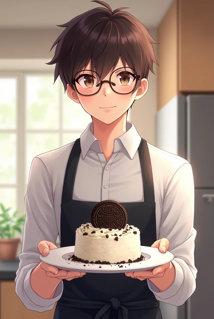 Person holding a plate with oreo cream on top in an anime container wearing a white long-sleeved shirt with glasses on and a black apron man