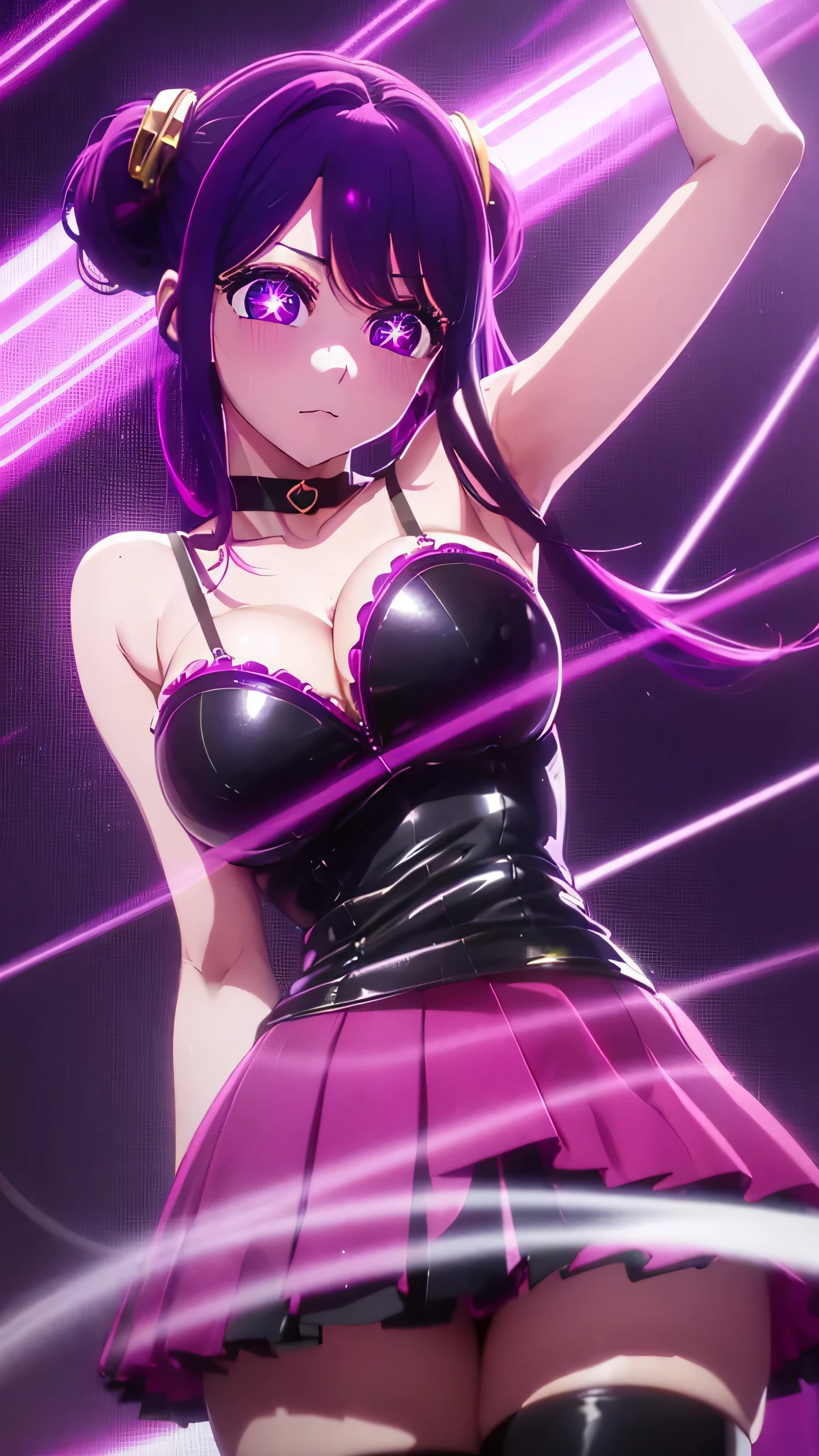 sexy anime girl, ai hoshino, cute face, big bust, purplepink hair, spacebun hair, purple eyes, (purple eyes:1.1), (symbol-shaped pupils:1.5), black latex bra, showing cleavage, black latex skirt, fishnet tights, black choker, holding whip, perspective from below, pov below, ambient,