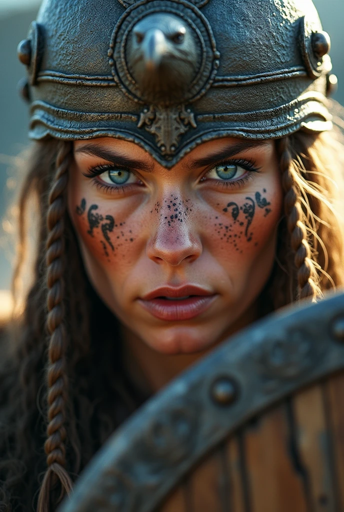 Close up face beautiful viking woman, wooden shield in hand , strong blue light in the eyes, eagle helmet , viking face paintings, Angry, bone ornaments on the neck, battle armor, focused, braids in hair