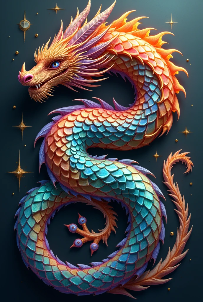 Dragon with many colorful scales to tattoo on the leg