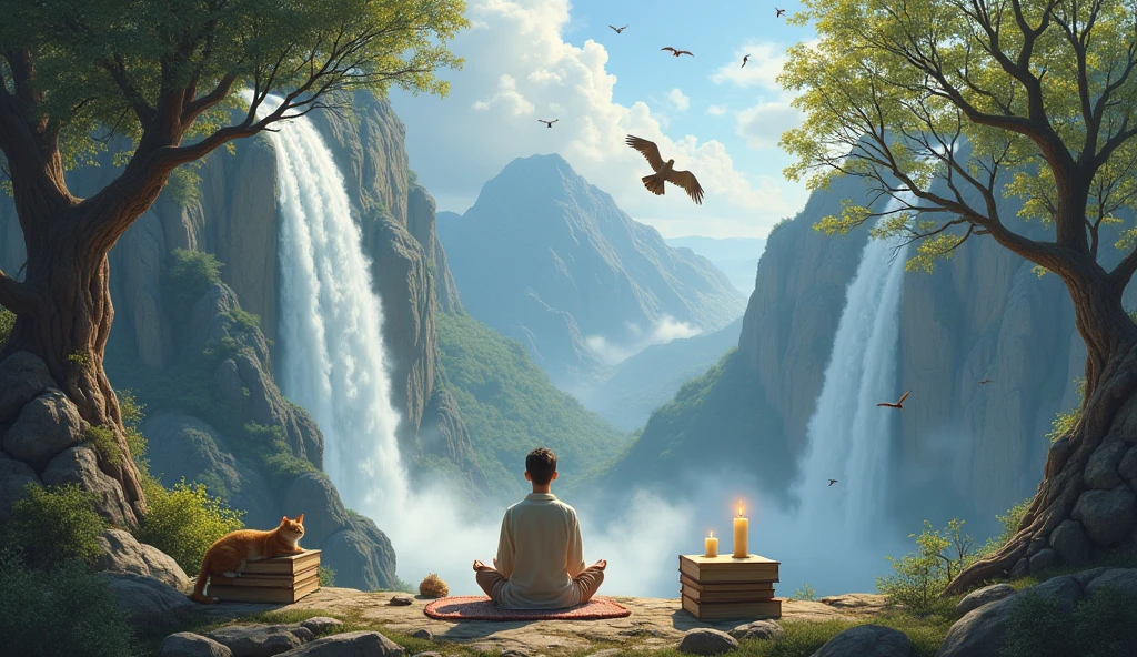 generate a person meditating on an ancient mountain next to a table with books and an ancient candle with a cat and in front there is a waterfall and brown birds flying with dry trees on one side and mature trees on the other