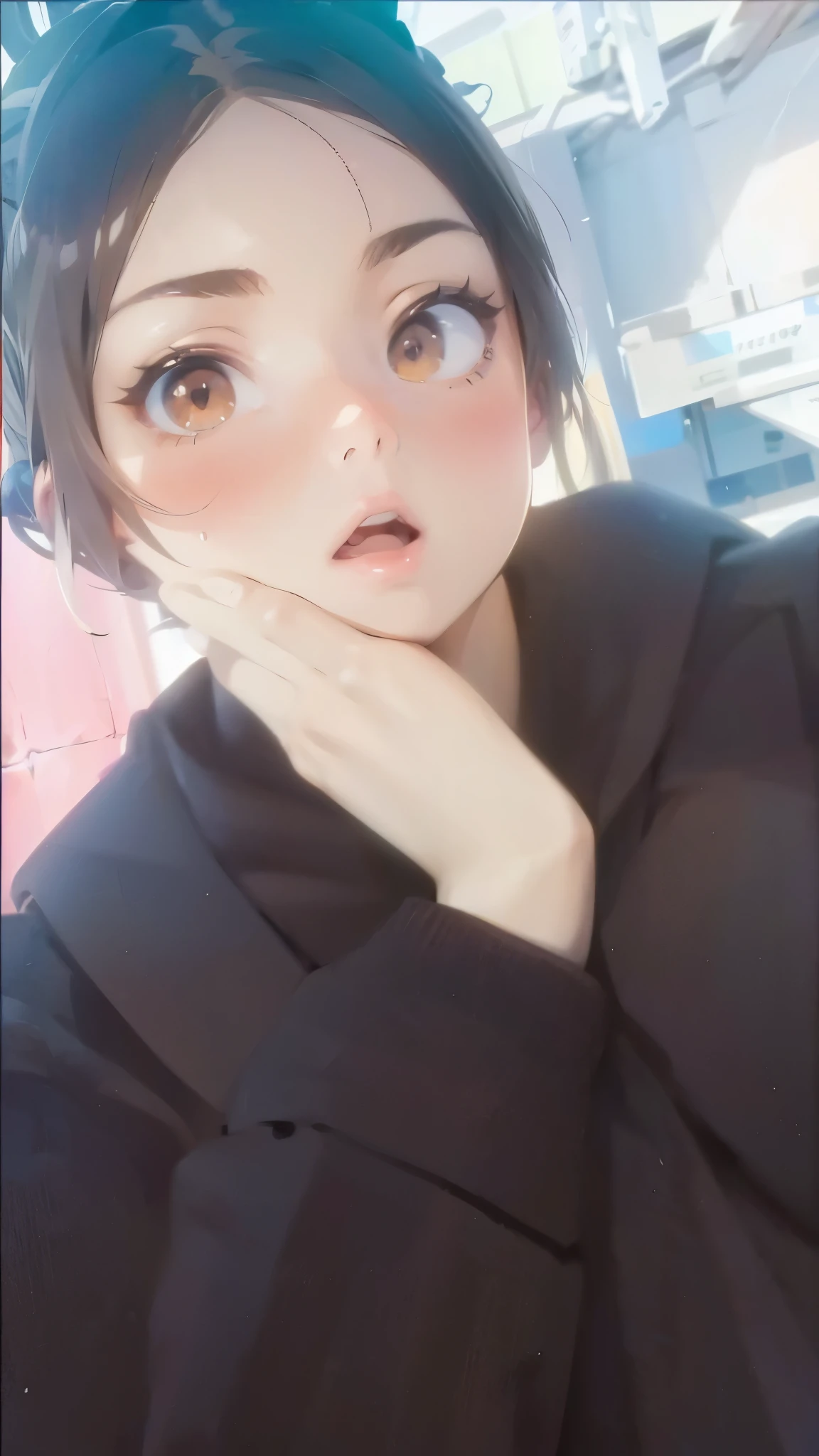Anime girl, brown hair, brown eyes, her hand is under her jaw 