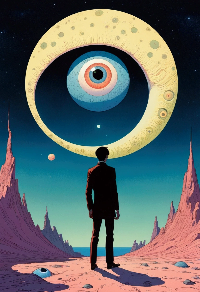 illustration of a man standing on a moon with a giant eyeball, inspired by Mœbius, one eye, eyeball, one-eyed, only eyeball, one - eyed monster, kilian eng. mœbius, big eye, kazuo umezu artwork, inspired by Michael Deforge, giant eyeball, surreal flat colors