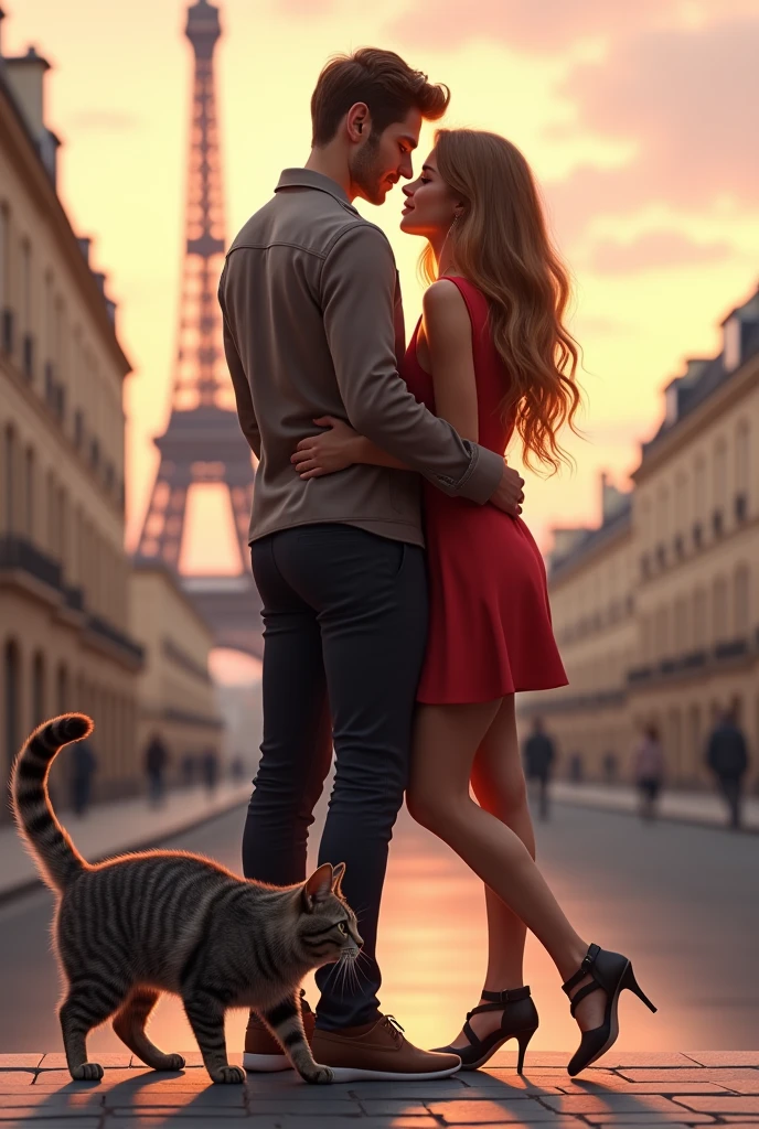 Dessin couple (femme avec cheveux balayage brun/blond)à paris avec un chat gris rayé sans queue