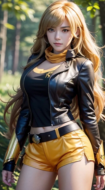 Yang Xiao Long (\rwby\), 1 girl, Highest quality, High resolution, masterpiece, High resolution, sharp: 1.2, Perfect Body Beauty: 1.4, Slim Abs: 1.2, Highly detailed face and skin texture, Detailed eyes, double eyelid, Looking into the camera, Purple eyes, Long Hair, Forest Background, Perfect lighting,(bright), leather jacket, Hyperrealism, Knee socks, rwby, wavy bright golden hair, Mechanical gauntlet, Tan shorts, Orange neckband, Tea belt, Yang Xiao Long