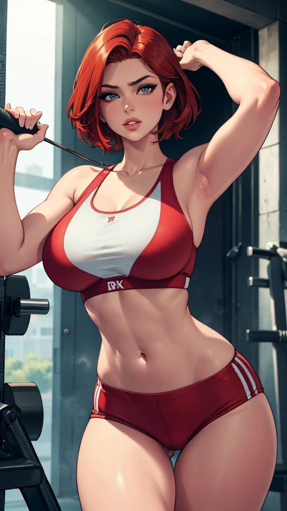 beautiful redhead woman with short hair, curves, dressed in sexy gym clothes, (best quality, 4k, 8k, high resolution, masterpiece: 1.2), ultra detailed, (realistic, photorealistic, photorealistic: 1.37), highly detailed face, beautiful eyes, full lips, sharp focus, vivid colors, voluptuous body, fitness, sports bra, tight leggings, dynamic pose, gym atmosphere, natural lighting, cinematic, elegant
