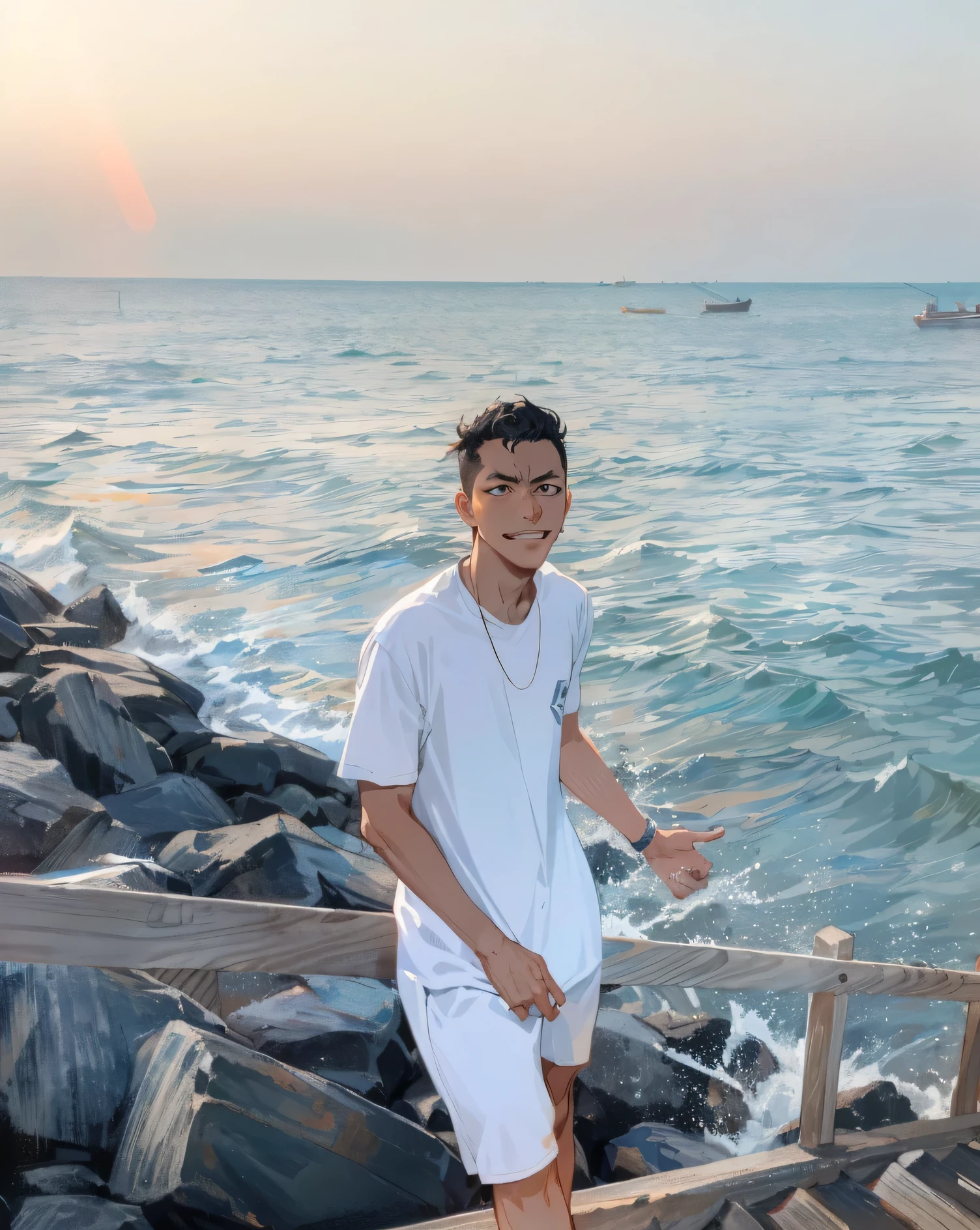 there is a man standing on a wooden railing by the water, the ocean in the background, ocean in the background, thawan duchanee, standing at the beach, the sea in the background, sea in the background, at the sea, near a jetty, posing on a beach with the ocean, in style of thawan duchaneeHD, (Best Detail), (Best Quality), Grimjo Jaegyaks, black boots, natural light, blue sky, angry eyes, smile, looking at the audience, full body,