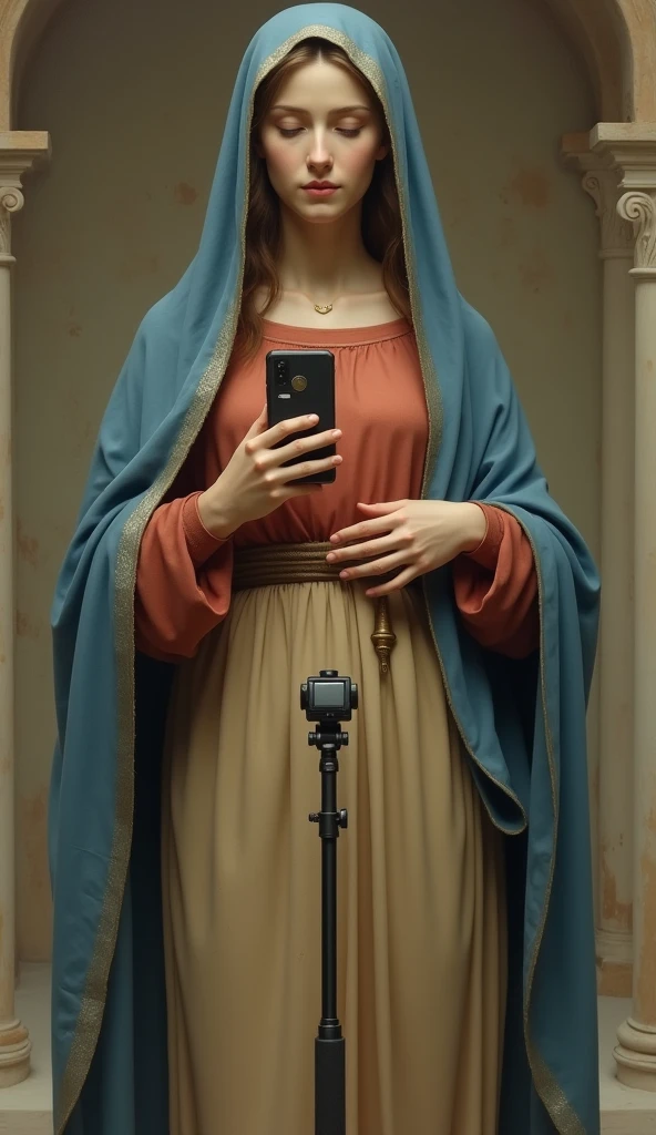 Very beautiful virgin mary, Ancient women, Reddish beige tunic with blue cloak and veil, Hello, Take a selfie with your smartphone, Selfie stick, A faint smile